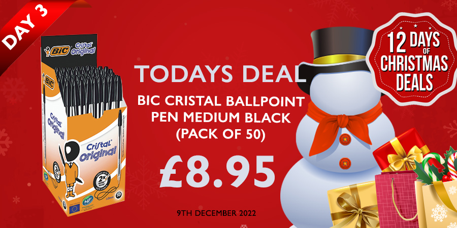 AOS_online's tweet photo. #ChristmasDeal #Day3 of our Christmas Offers invite you to purchase a box of #Bic Cristal Ballpoint Pans (Packs of 50) for only £8.95(+vat). Hurry this offer ends at midnight tonight. Visit https://t.co/Q4FWGCiDlm #FreeDelivery on orders over £35 #OfficeSupplies #Stationery https://t.co/f8GpdKirBa