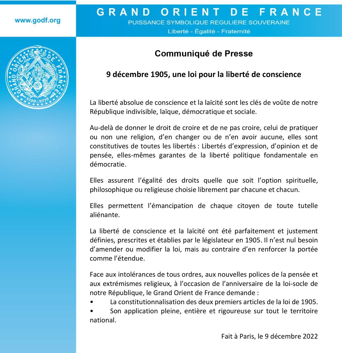 "9 décembre 1905, une loi pour la liberté de conscience" 
Communiqué du <a href="/GODFOfficiel/">GODF (Officiel)</a> 
➡️ bit.ly/3Y6VeTD
#laïcité #libertédeconscience