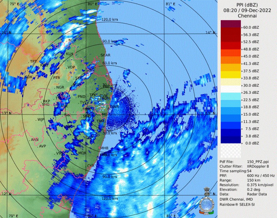 ChennaiRains's tweet photo. #Chennai is expected to see heavy to very heavy #Rains during the evening hours. For your safety and your staff's safety kindly allow them to leave early so that everyone reaches home before the heaviest spell of rains. This band will intensify as it comes closer. #ChennaiRains https://t.co/k2IkT53h8l