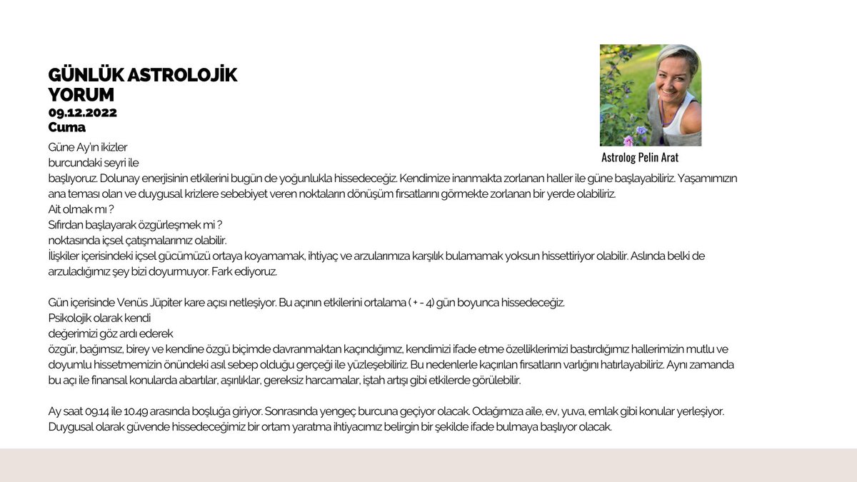 Günlük Astrolojik Yorum / 09.12.2022
#günlükastrolojiyorumu