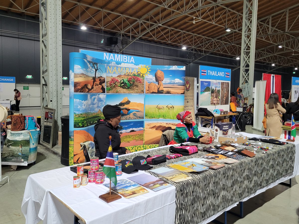 NamibianEmbassy's tweet photo. Namibia once again impressed visitors with a colorful promotion stand at the charity women's guild bazaar in Vienna https://t.co/yAed0ki7WO
