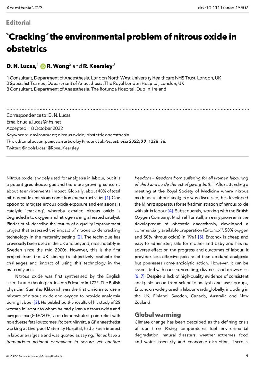 Anaes_Journal's tweet photo. 🔐‘Cracking’ the environmental problem of nitrous oxide in obstetrics.

This great new editorial from @noolslucas and @Rose_Kearsley is now #FreeForAWeek to read and download!

🔗https://t.co/Kzs8hp9Udw https://t.co/K4EgcP4a2U