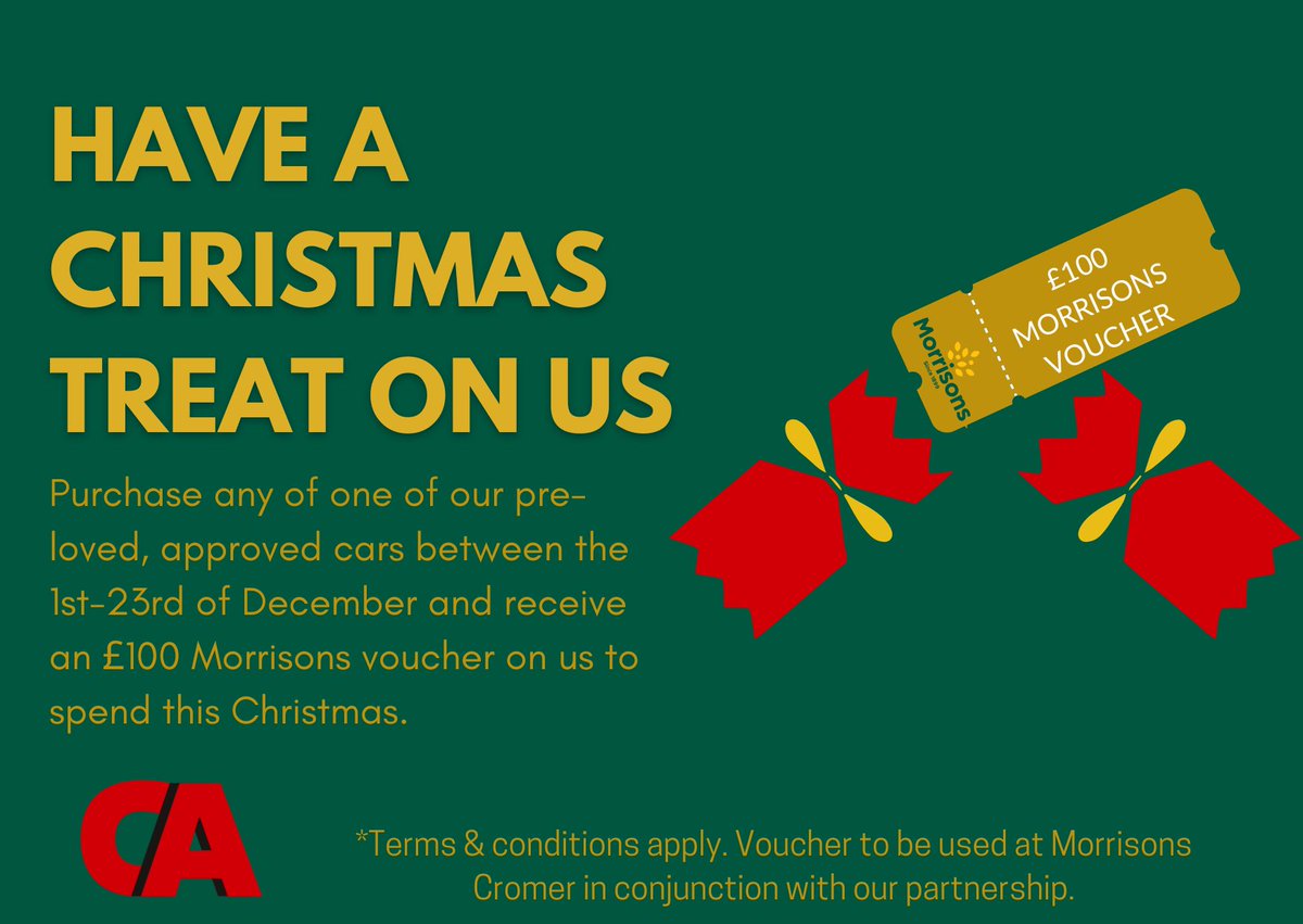 Have a treat on us this Christmas, in proud partnership with Morrisons Cromer. 
Any pre-loved vehicle purchased from us between 1st-23rd of December, you will receive an incredible, £100 Morrisons Voucher! 
Check out our stock ➡ bit.ly/3HilXXr
Terms &amp; Conditions apply.