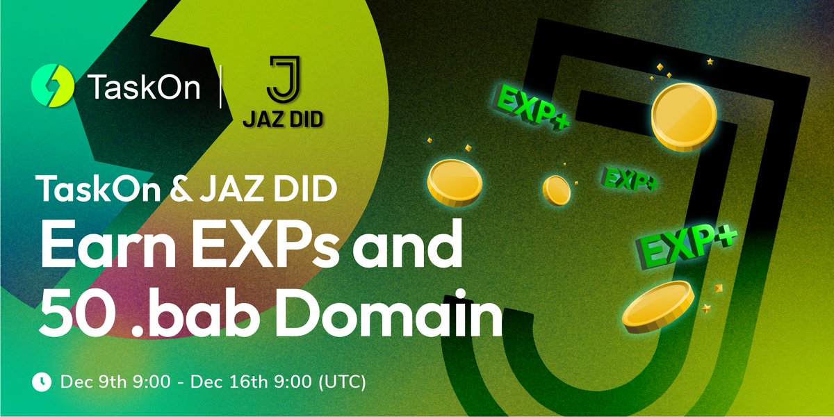🎉#TaskOn x <a href="/JAZ_DID/">JAZ DID</a> team up for a special #giveaway!

🎁50 .bab #Domain + #TaskOn #EXPs
⏰Dec 9th 9:00 - Dec 16th 9:00 (UTC)  
 
🙌Grab your chance now ⬇
✅taskon.xyz/campaign/detai…