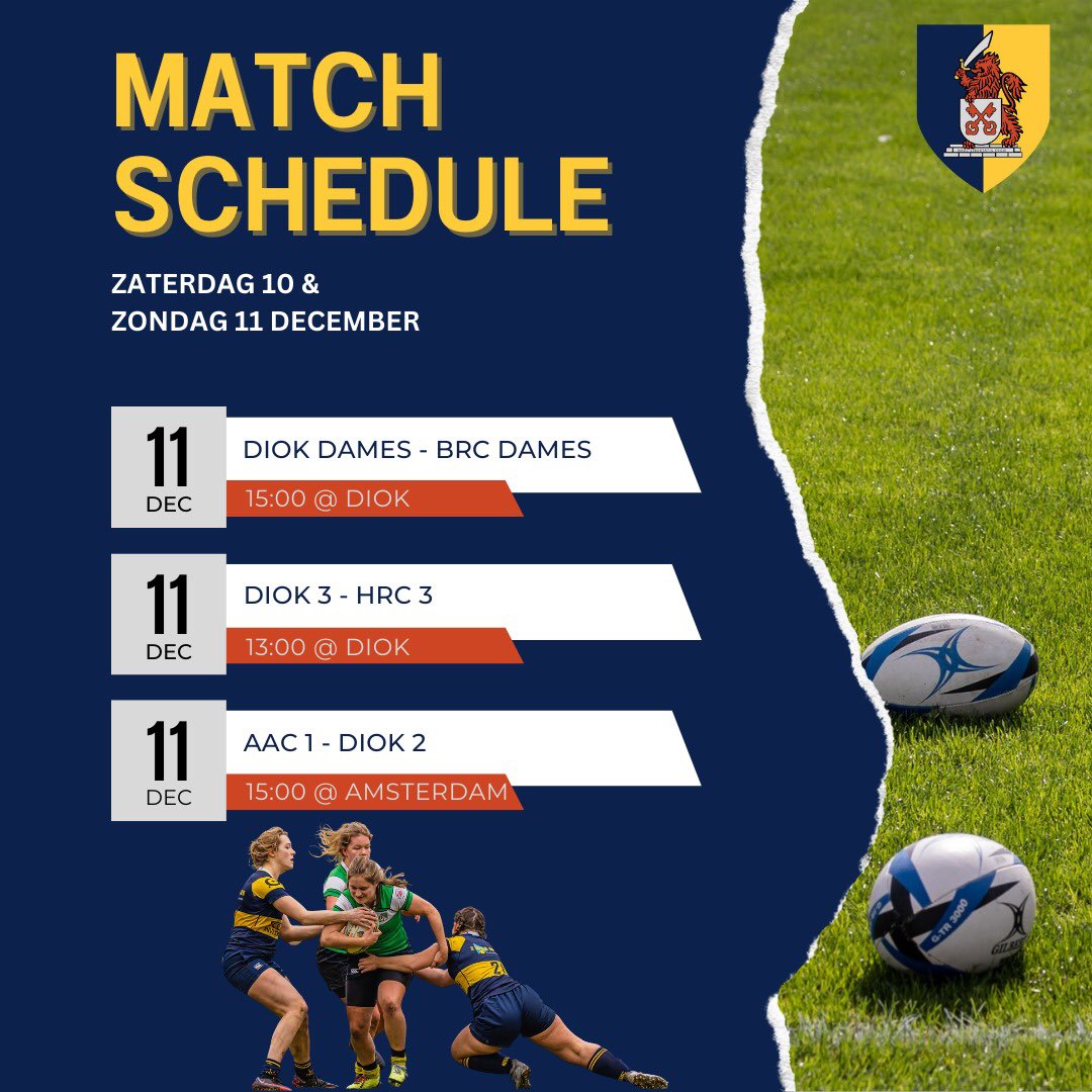 💙 DIOK MATCH SCHEDULE 10 &amp; 11 dec💛

Morgen staan er uitwedstrijden op het programma, met 4 wedstrijden zit er vast 1 kraker tussen om DIOK vanaf de zijlijn te supporten. Zondag is er wel actie op de velden in Leiden: om 13 &amp; 15u!

Zien we je langs de lijn? 💪🏽

#altijdsamen