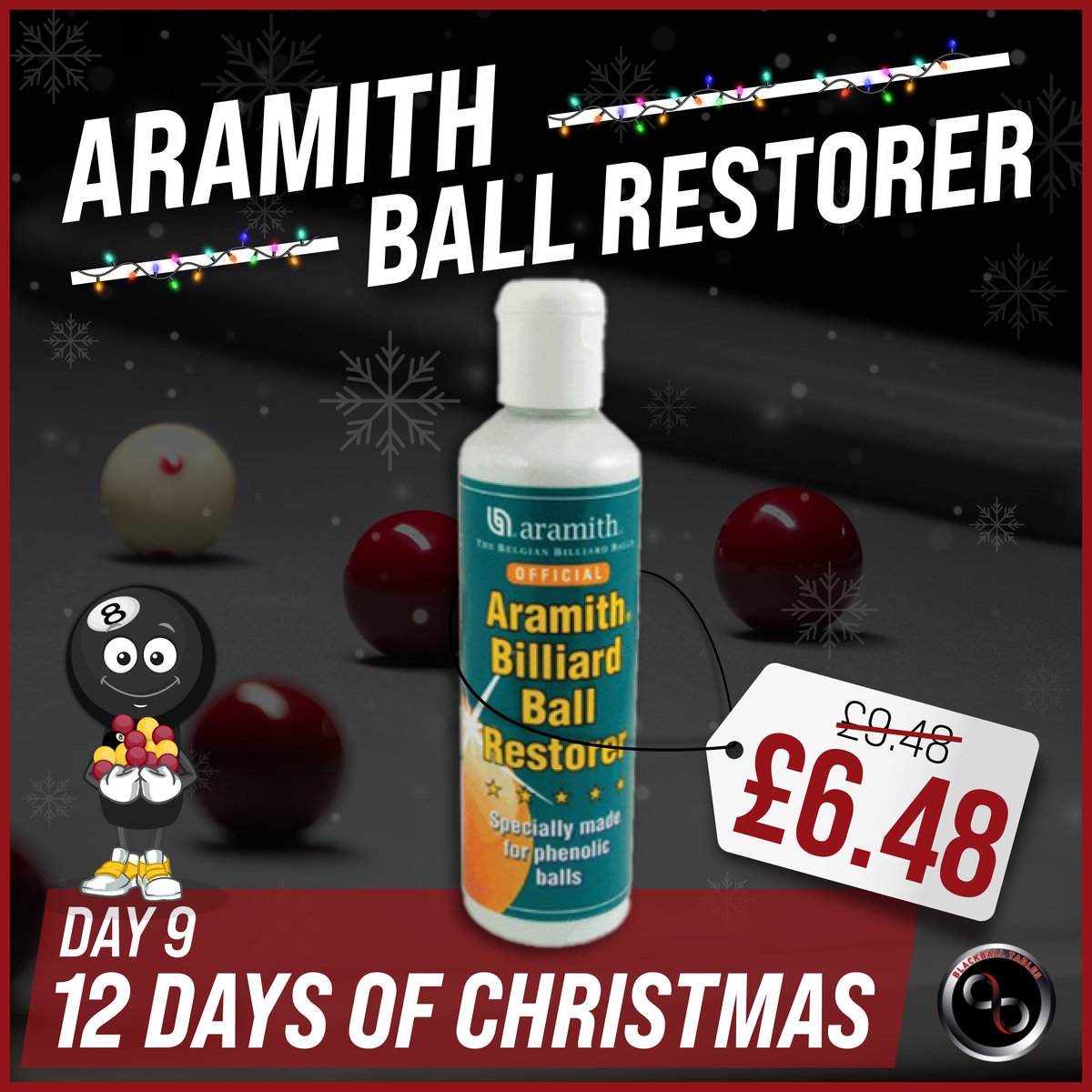 Day 9 of our #12DaysOfChristmas event is here!🎄

Today we have the Aramith Ball Restorer on offer! Created by the same company that makes the best pool balls in the business🎱🎱

Shop now 👉 bit.ly/3FBT4UP

#12daysofxmas #blackballtables #specialoffers #pooltables