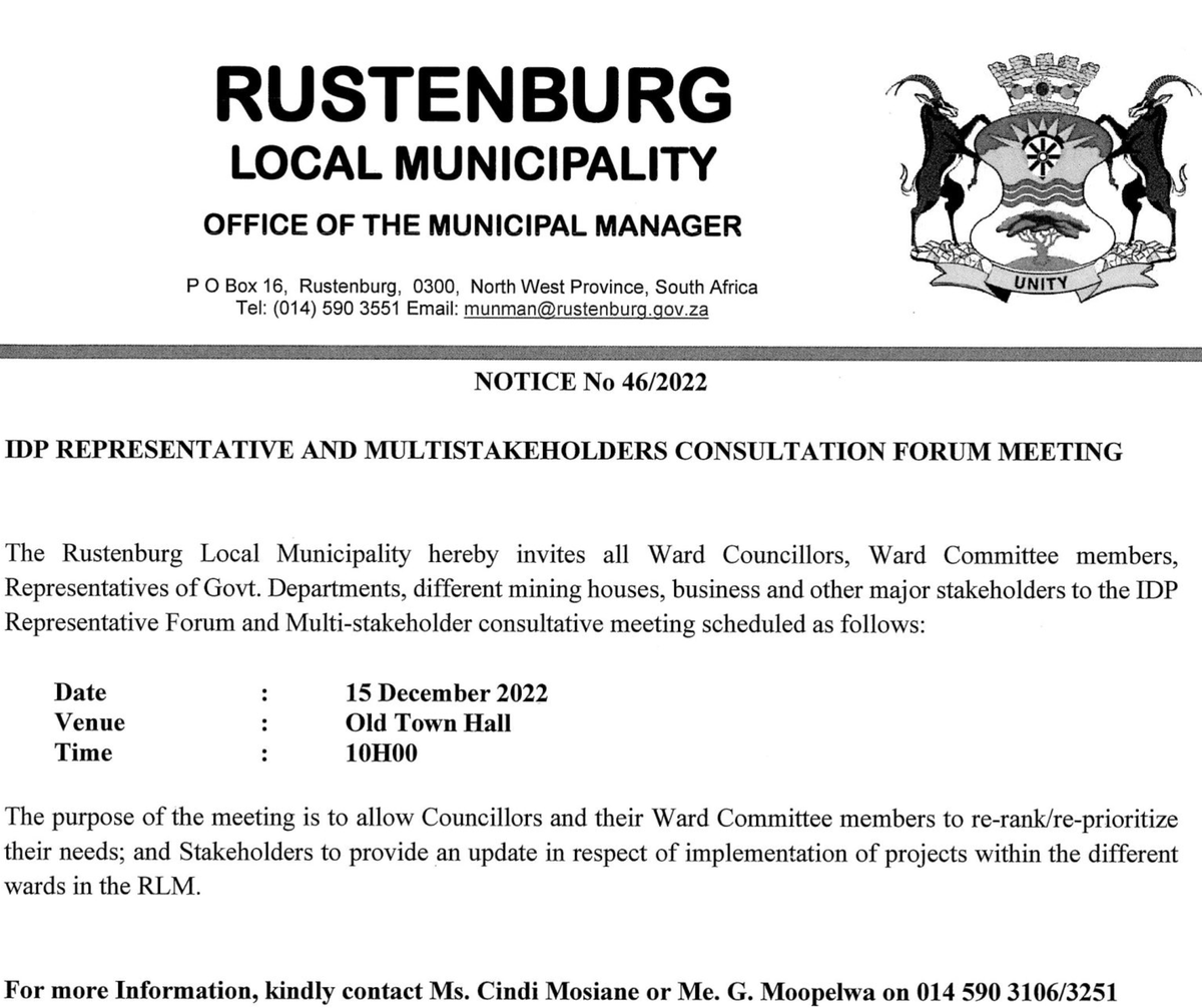 MunicipalNotice's tweet photo. New ⚠️ Rustenburg forum on 15 Dec 📆 Update on project implementation and re-prioritise needs  

https://t.co/GQfvy3hWG1

#MeetingNotice #RustenburgNotice https://t.co/CLqWM4cDee