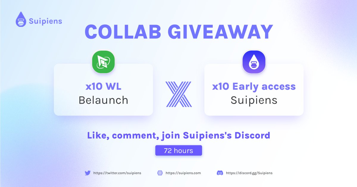 On the move of <a href="/Suipiens/">Suipiens.sui 🦍💧</a> collaboration with <a href="/BeLaunch_/">BeLaunch</a>🌊💧

🎁 10 OG roles Suipiens + 10 WL from BeLaunch

To Enter: 

1. Follow <a href="/BeLaunch_/">BeLaunch</a> and <a href="/suipiens/">Suipiens.sui 🦍💧</a>
2. Like &amp; RT
3. Join DC: discord.gg/GDv8hseH  

Comment your Discord ID👇

Winners picked in 72 hours!

#Airdrop #Giveaway