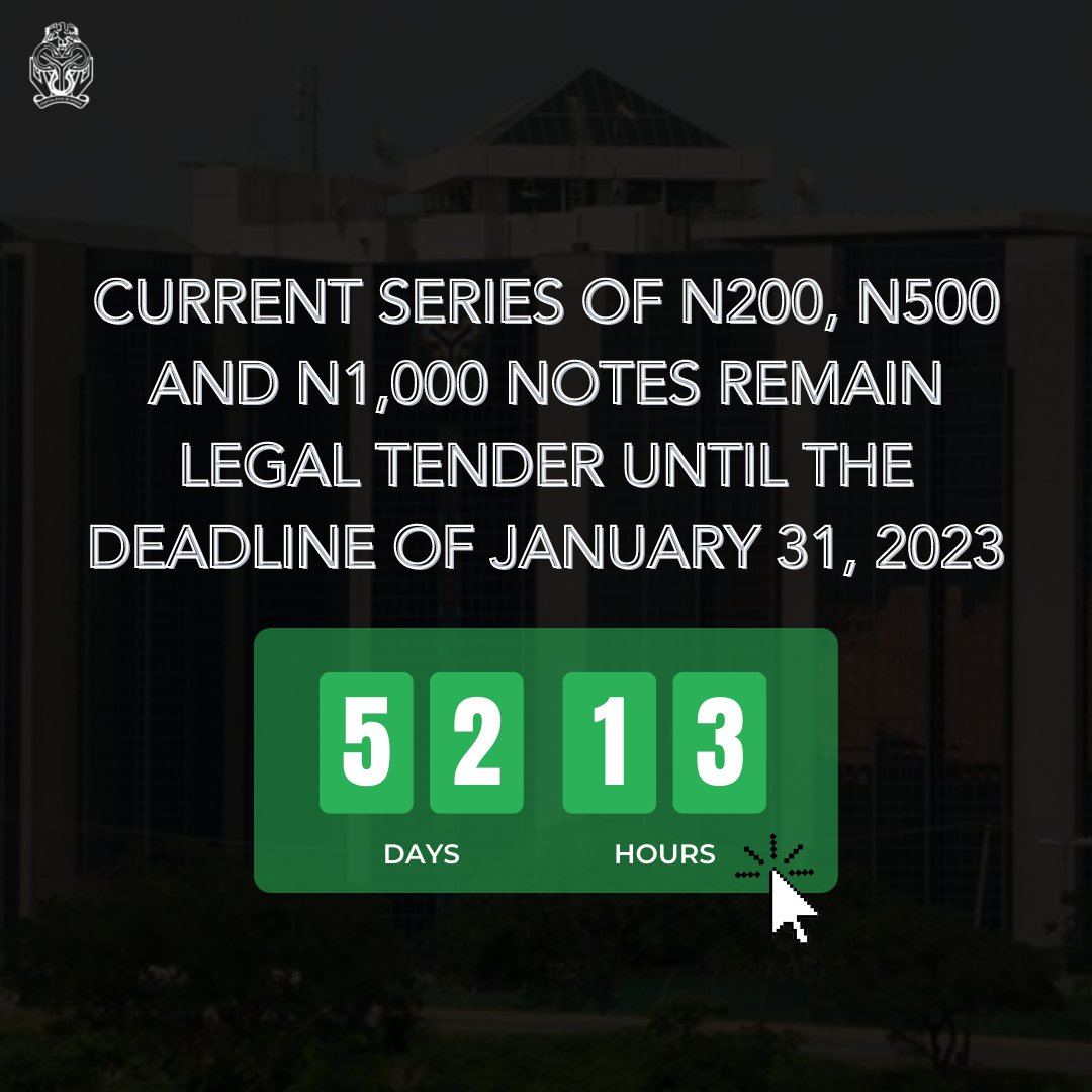 cenbank's tweet photo. The current series of N200, N500 and N1,000 notes remain legal tender until the deadline of January 31, 2023. https://t.co/jgo0JBzZRU