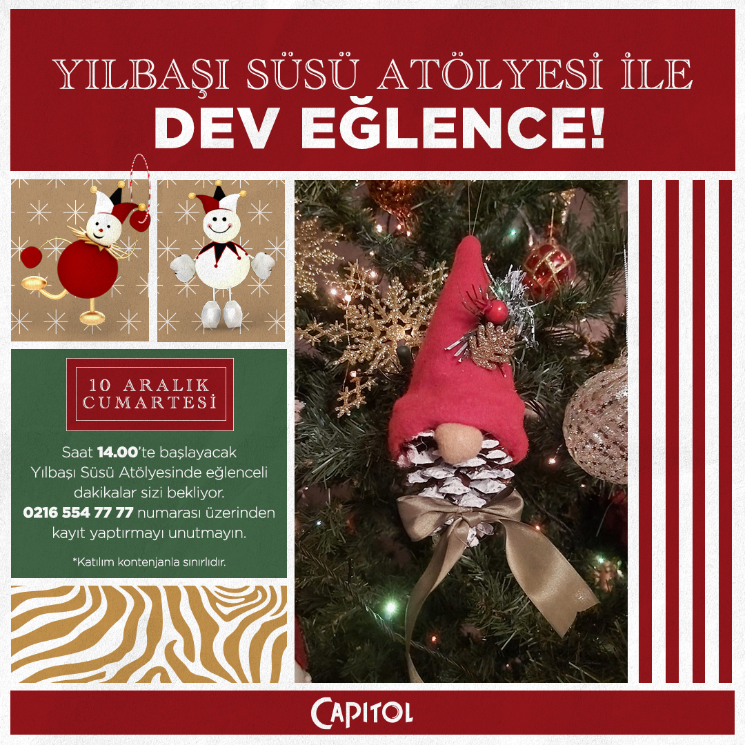 Yeni yıl ruhunu Capitol’e taşıyor, yılbaşı süsü atölyemizle devam ediyoruz. Siz de atölyeye kayıt yaptırın, beraber katılmak istediğiniz arkadaşınızla paylaşın! 🤩

*0216 554 77 77 numarası üzerinden kayıt yaptırmayı unutmayın. 

#YeniYılCoşkusuCapitolde