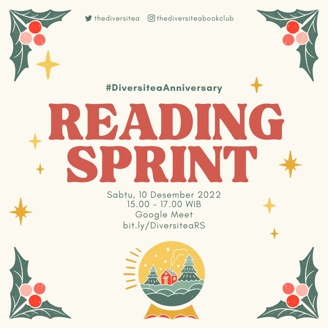 #DiversiteaAnniversary Reading Sprint ✨🌲

Hai, tea friends! Udah lama nih ngga Reading Sprint bareng-bareng.  Besok sore, Mintea mau mengajak tea friends untuk membaca buku dalam dia selama 90 menit dan dilanjut dengan diskusi ringan selama 30 menit 👋🏻