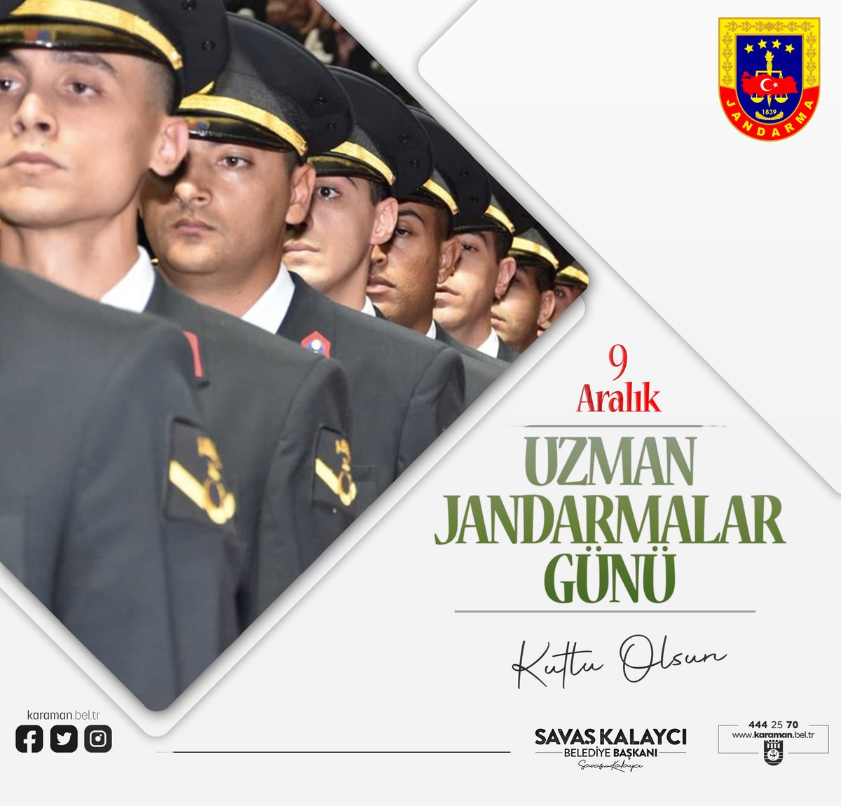 Ülkemizin huzuru ve güvenliği için kahramanca mücadele eden tüm Uzman Jandarmalarımızı muhabbetle selamlıyor, görevlerinde başarılar diliyorum.

9 Aralık Uzman Jandarmalar Günü kutlu olsun.

#9AralıkUzmanJandarmalarGünü #Jandarma #Karaman #KaramanBelediyesi #SavaşKalaycı