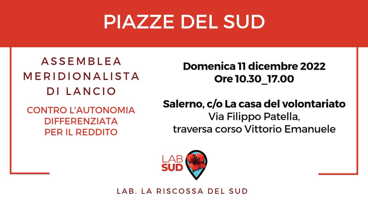 NataleCuccurese's tweet photo. PROSSIMI APPUNTAMENTI CONTRO L'AUTONOMIA DIFFERENZIATA
🗓 Venerdì 9.12.22 Presidio a Napoli Palazzo Santa Lucia h 14 lanciato da USB Campania
🗓 Domenica 11.12.22 Assemblea Piazze del Sud contro ogni Autonomia Differenziata, a Salerno dalle 10,30 #LabSud https://t.co/j9GhOBAQKX https://t.co/Ur7cnOptSr