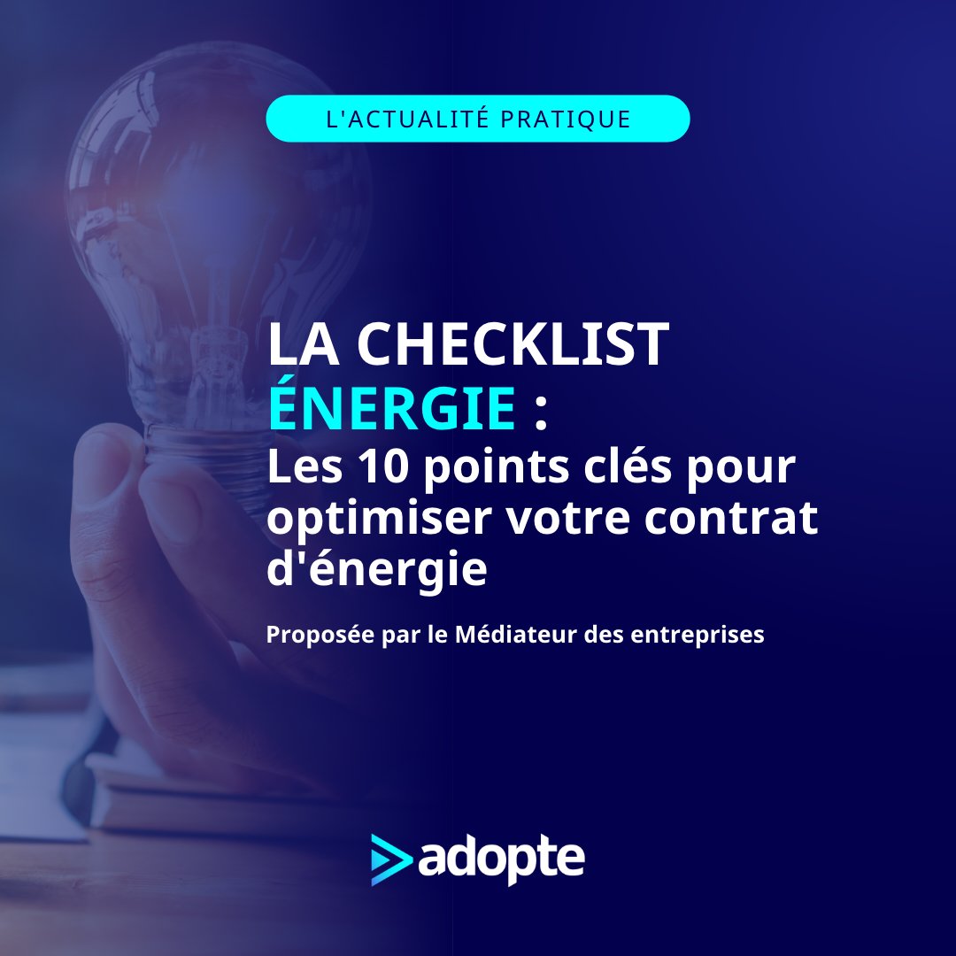 ⚡️ #PME, comment optimiser votre contrat d’#énergie ?

Pour vous aider à faire face à l’augmentation des prix de l’énergie, le <a href="/MedEntreprises/">Médiateur des entreprises</a> propose une checklist avec 10 conseils sur les points importants de votre contrat.

▶️ adopte.co/actualite-prat… 

#SolidaritesEconomiques