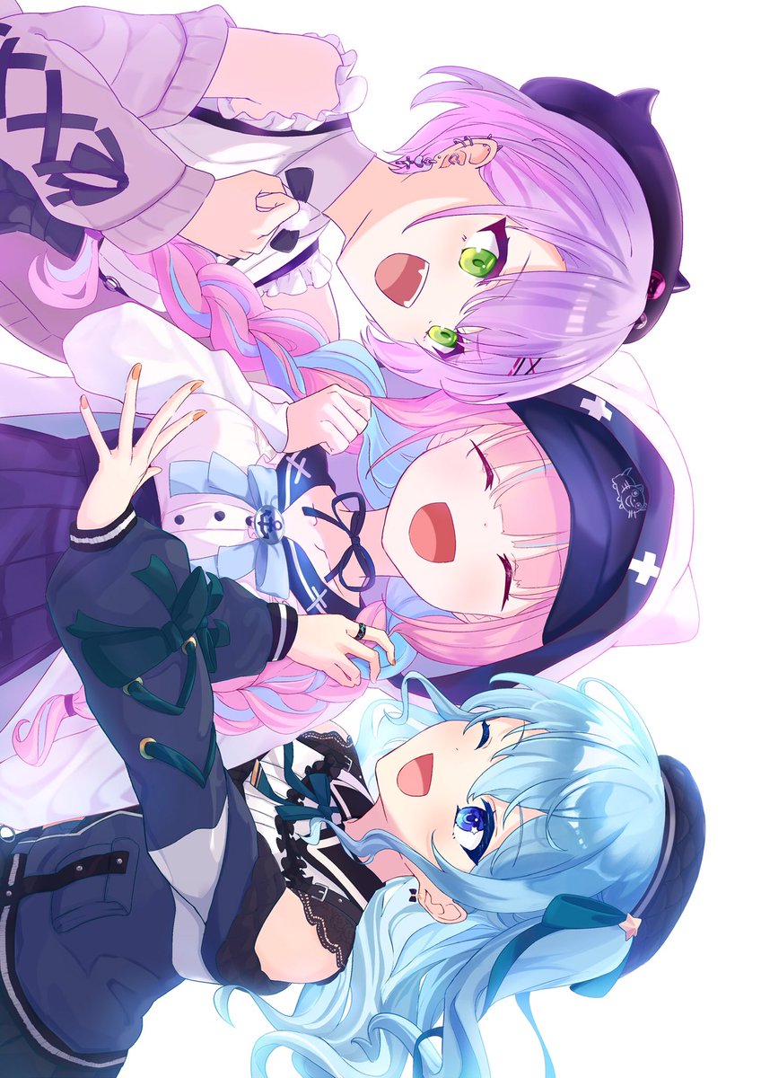 hoshimachi suisei ,minato aqua ,tokoyami towa multiple girls 3girls blue hair pink hair hat one eye closed green eyes  illustration images
