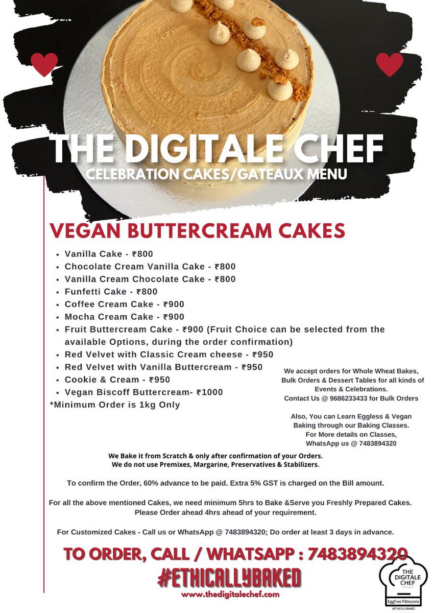 Now, we’ve a new wide range of VegN Buttercream Cakes for all your Celebrations!

Checkout our Menu on WhatsApp : wa.me/p/544892754189…

#TheDigitaleChef ~ Authentic Vegan & Vegetarian Patisserie, located at HSR Layout, Bengaluru.