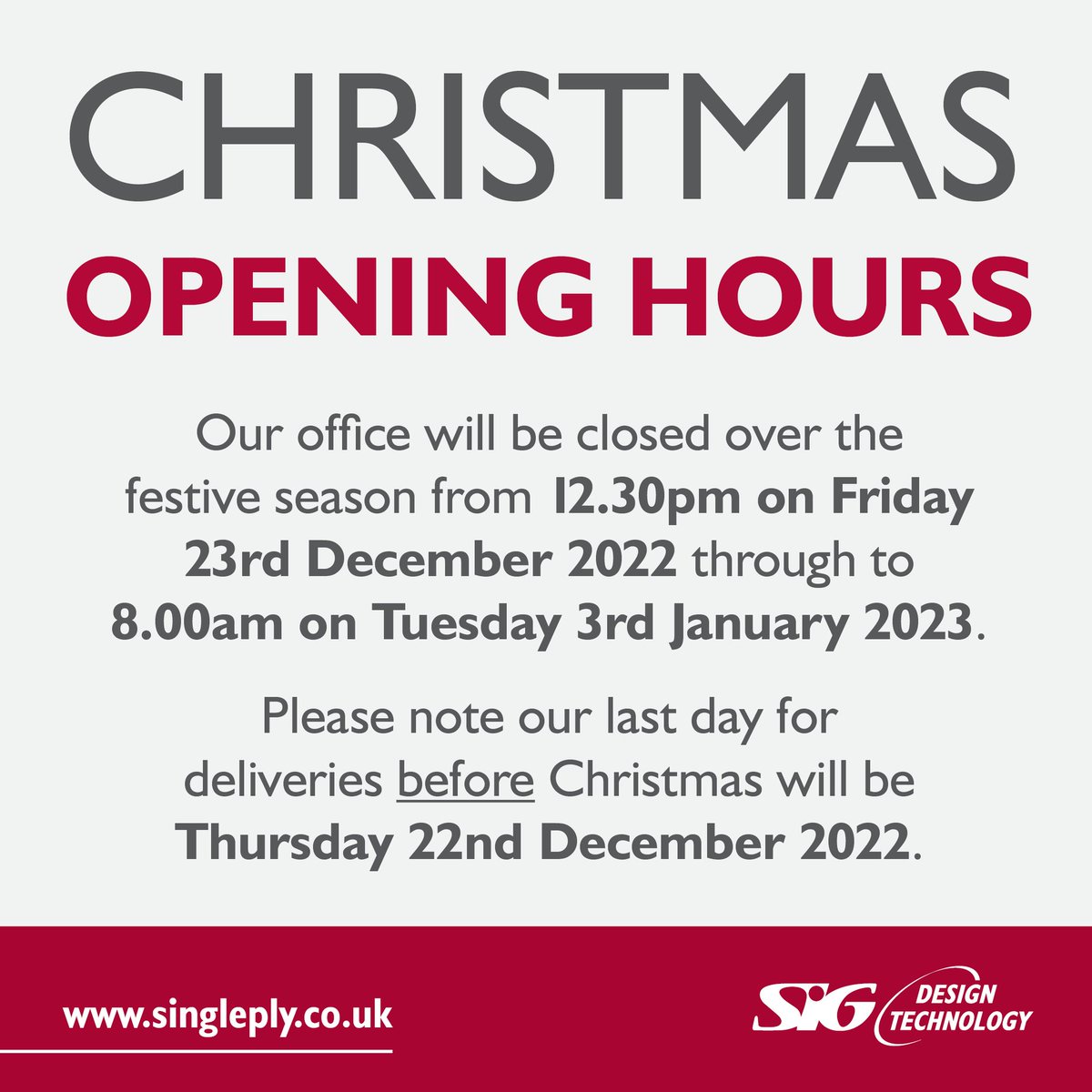 We hope everyone is looking forward to the Christmas holidays! We would like to take this opportunity to advise that although we will be open Friday 23rd December until 12.30, our last day for deliveries will be Thursday 22nd December