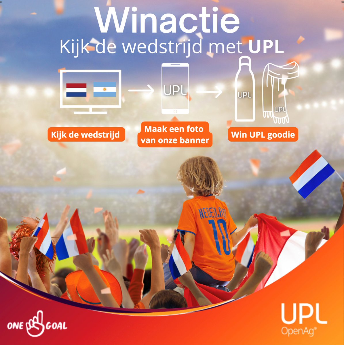 Winactie - Maak tijdens de wedstrijd 🇳🇱 - 🇦🇷 een foto van de reclamebanners met UPL-logo &amp; reageer op deze Tweet! De eerste 15 mensen die een reactie plaatsen in de vorm van een foto met het UPL-logo, winnen 1 UPL goodie (keuze uit: UPL thermosbeker of UPL oranje sjaal)!