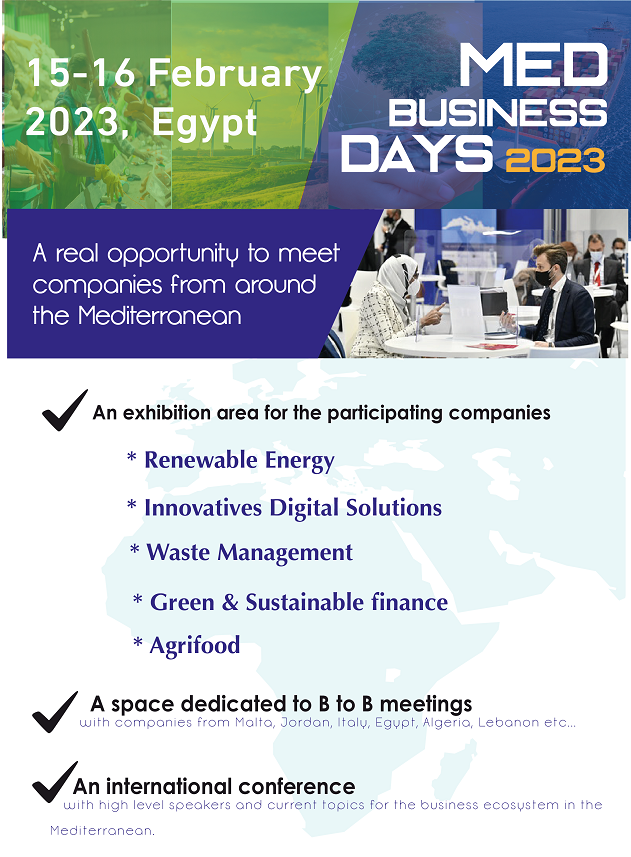 BUSINESSMED_Med's tweet photo. 🔴𝑰𝒏𝒕𝒆𝒓𝒆𝒔𝒕𝒆𝒅 𝒊𝒏 𝒅𝒆𝒗𝒆𝒍𝒐𝒑𝒊𝒏𝒈 𝒚𝒐𝒖𝒓 𝒃𝒖𝒔𝒊𝒏𝒆𝒔𝒔 𝒊𝒏 𝒕𝒉𝒆𝒔𝒆 𝒔𝒆𝒄𝒕𝒐𝒓𝒔

🔸Agrifood
🔹Green Finance
🔸Renewable Energies
🔹Waste Management
🔸Digital

▶️Join #BUSINESSMED's #MedBusinessDays 2023 in 🇪🇬Cairo!

🗓15-16 Feb.
🔗https://t.co/vgemx89k8r https://t.co/xOdxhnDYUE