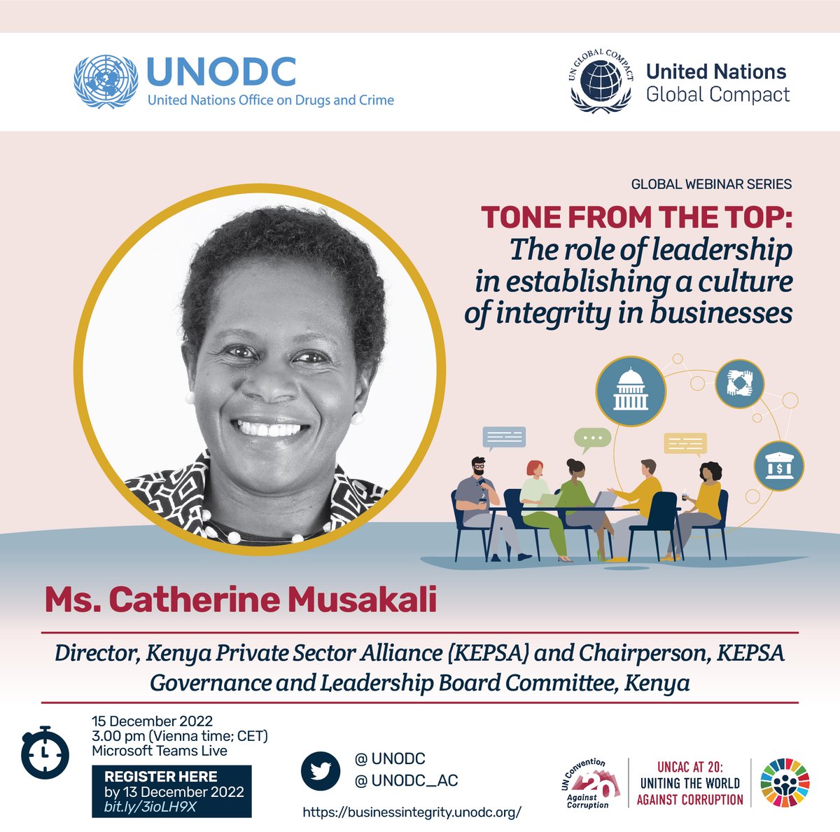 TONE FROM THE TOP WEBINAR: REGISTER NOW 👇🏽

 Join us as <a href="/C_Musakali/">Catherine Musakali</a> of <a href="/KEPSA_KENYA/">KEPSA KENYA</a> discusses the role of leadership in establishing a culture of integrity in business

Thurs 15th Dec 🕔 5:00pm EAT
bit.ly/3ioLH9X

#IACD2022 #UNCAC20