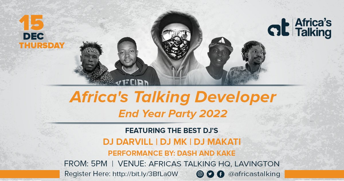 Africastalking's tweet photo. No talks, no specific topics to discuss, just networking while you enjoy drinks, good food and good music. Hope to see you at our end of year #DevParty.
Register here to reserve your spot - https://t.co/SN4vEaKwjF https://t.co/lKSxFUf0RU