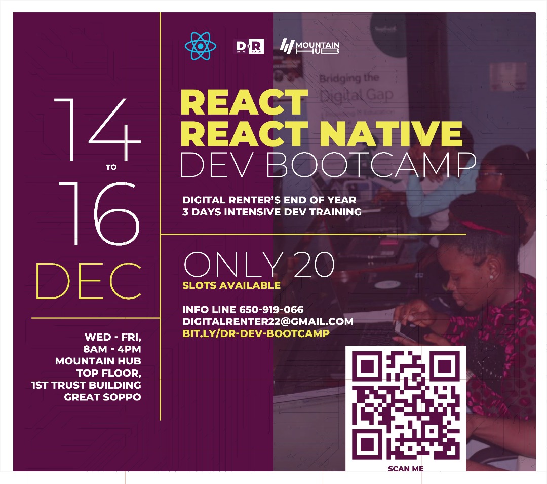 digitalRenter's tweet photo. Digital Renter in partnership with @mountainhubb, startups and developers are organizing a 3 days intensive react/react native bootcamp from December 14-16 2022. 

https://t.co/7NktjZXFt2

Only 20 slots available. 

#DEVCommunity #javascript #ReactJS #reactnative @SMCon022 https://t.co/Pyx3hPlmAn