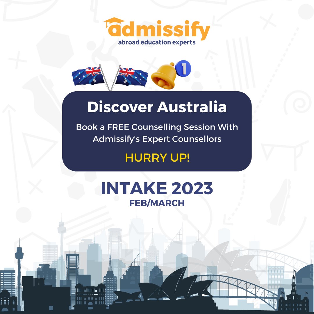 Discover Australia
Book a FREE Counselling Session With Admissify's Expert Counsellors
HURRY UP!
INTAKE 2023 FEB/MARCH
Call Us: +91 9999 127085

#studyinaustralia #scholarship2023 #australia2023 #jobsinaustralia #abroadlife #studyabroad #australiatravel #australia #studyaustralia