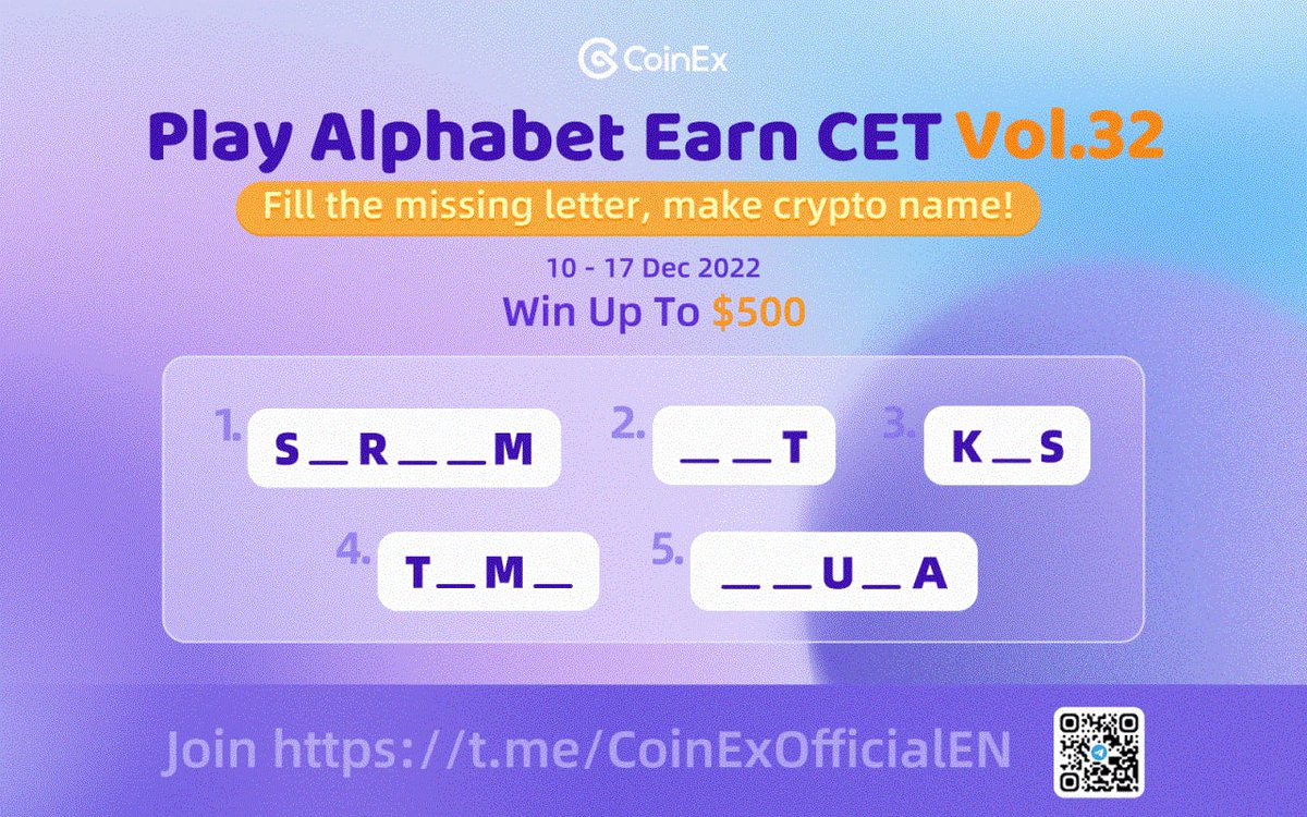 🕹️ Play Alphabet Earn $CET Vol.32 ⏰ 10th - 17th Dec 🎁 Win up to $500 in CET Join here 👉 gleam.io/jd52p/play-alp… #CoinEx #Giveaway