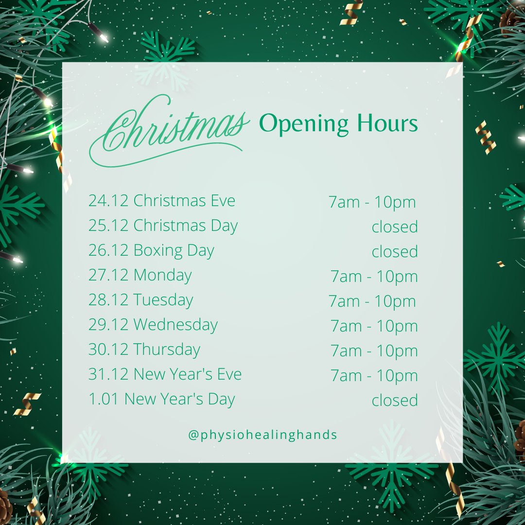 hands_physio's tweet image. Take a look at our Christmas opening times, and be sure to book your appointment before the Christmas period! 

#christmasopeninghours #physioclinic #bookyourappointment #christmasappointment #physiohealinghands #openingtimes