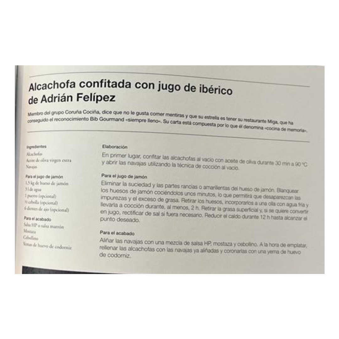'Los 100grandes platos de la cocina española' reúne recetas tradicionales y algunas interpretaciones:
✔️Pastel de cabracho-Pastel de hígado de rape con cigalas y espagueti de mar (<a href="/PabloGallegoRes/">Pablo Gallego</a>)
✔️Alcachofas con jamón-Alcachofas confitadas con jugo de ibérico (Adrián Felipez)