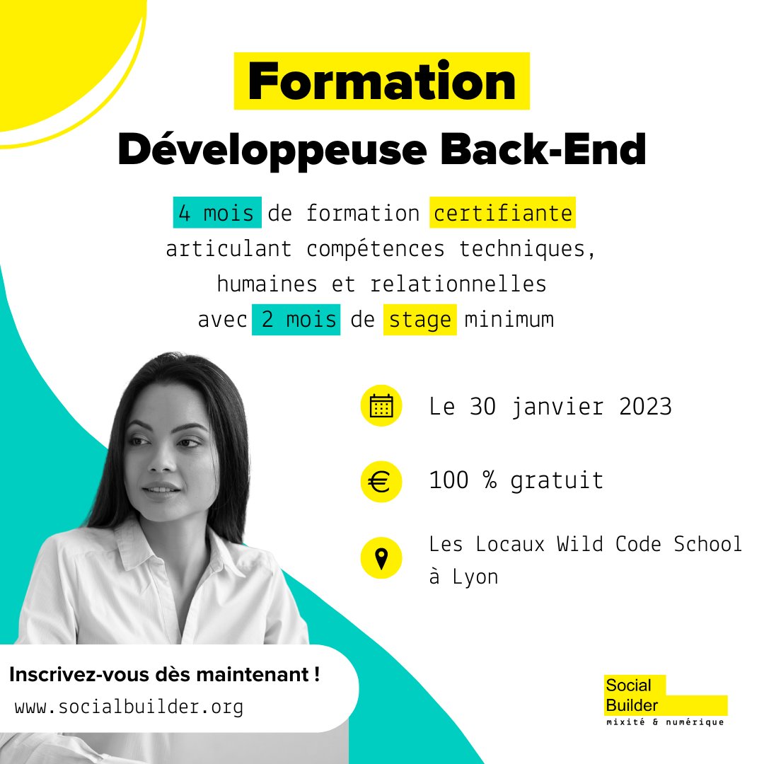 BuildeusesLyon's tweet photo. Go, go, go 🚀#Formation Développeuse Back-End !
Issue du programme Women In Digital 69 ⤵️
https://t.co/EaB5Ts4sGc
Inscription d'ici le 30 janvier #2023 #gratuit
#Lyon #SocialBuilder #onlylyon #lesbuildeuseslyon
#womenintech #reconversion #emploi #i4Emploi https://t.co/34p0RvY2vN