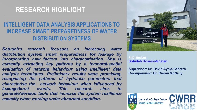 #MeetOurResearchers 

Sotudeh is trying to improve the #resilience of  water distribution systems by characterising network behaviour using intelligent data analysis techniques. Sotudeh is supervised by @DavidAyalaCabr in @UCDCivEng. #leakage #hydraulics🚰