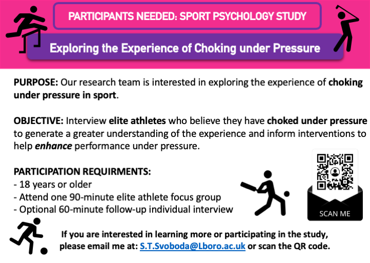 Sara Svoboda (@svobodeyyy2) on Twitter photo Participants needed!!!
Choking under pressure in sport is a challenging experience many elite performers have endured...yet, it remains one of the most elusive phenomenon in the sport psychology space...
If you have experienced this, please email me at s.t.svoboda@lboro.ac.uk Participants needed!!!
Choking under pressure in sport is a challenging experience many elite performers have endured...yet, it remains one of the most elusive phenomenon in the sport psychology space...
If you have experienced this, please email me at s.t.svoboda@lboro.ac.uk