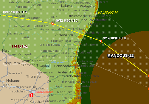 BHASKARANSHIVAR's tweet photo. #NorthEastMonsoon #NEM22 #Chennairains #CycloneMandous #TamilNadu The latest track image from gdacs https://t.co/NVqMlbWMjS