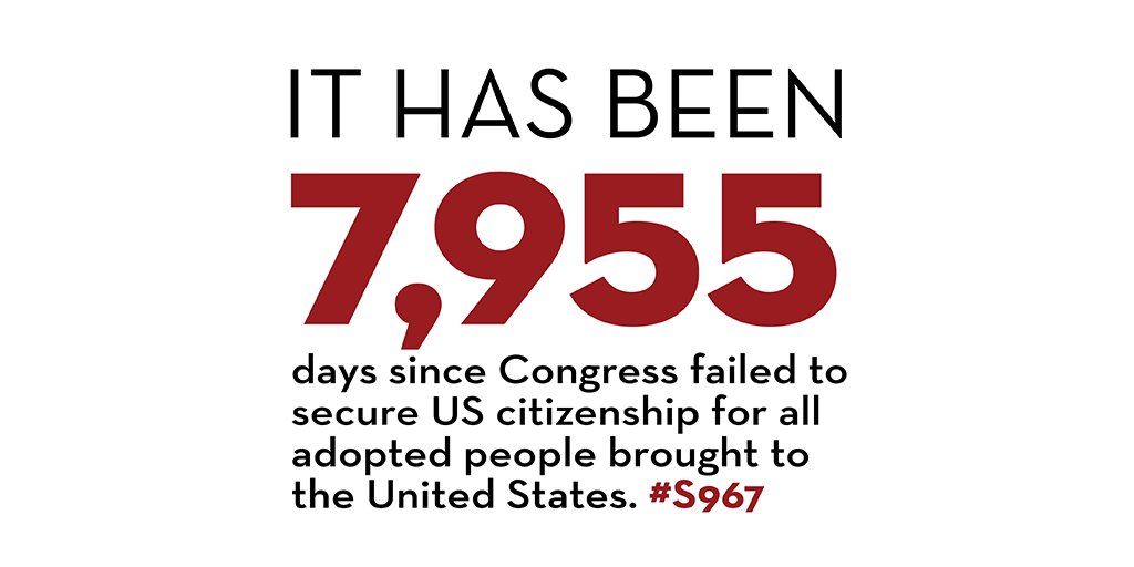Congress has about two weeks left to fix US citizenship issues for intercountry adoptees. That's nothing compared to the last 7,955 days of empty waiting, during which adopted people have been deported. #S967 #adopteetwitter Get it done <a href="/SenateDems/">Senate Democrats</a> and <a href="/SenateGOP/">Senate Republicans</a>