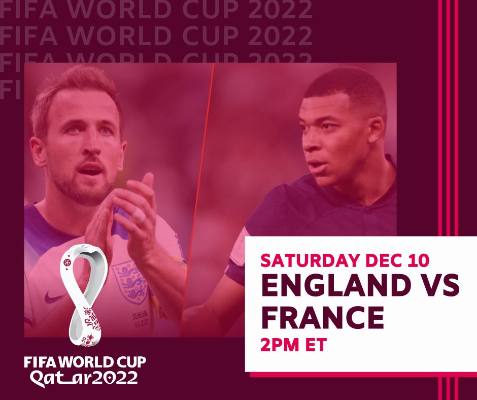 Huge matchup today as England 🏴󠁧󠁢󠁥󠁮󠁧󠁿 takes on France 🇫🇷 in the World Cup quarterfinals!

Arrive early, snag a seat, and watch as this matchup will be sure to deliver plenty of action!

⚽️ England vs France at 2pm ET
🏟️ Portugal vs Morocco at 10am ET