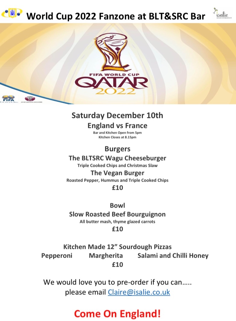 The excitement is real…..England v France and its nearly Christmas
Join us at BLT&amp;SRC for Super Saturday!!!!

Bar opens at 4pm
Kitchen from 6pm
Sweet Caroline 6.50 pm
Three Lions 6.57pm
KO 7pm

COME ON ENGLAND !!!!!
#berkhamsted #footballfood