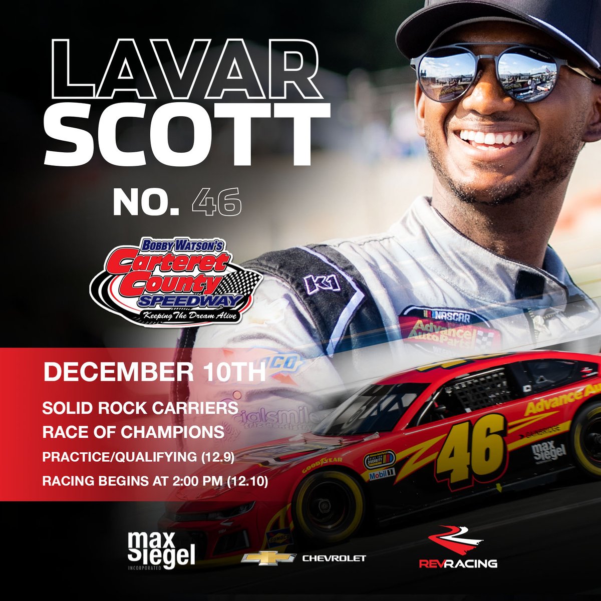 .<a href="/LavarScott/">Lavar Scott</a> is back at the track this weekend <a href="/carteretcoswy/">Bobby Watson's Carteret Speedway</a> running 150 laps in the Solid Rock Carriers Race of Champions. 
Today: Qualifying 6 PM
Tomorrow: Racing activities begin at 2 PM

<a href="/Max_Siegel/">Max Siegel</a> | @NASCARRoots