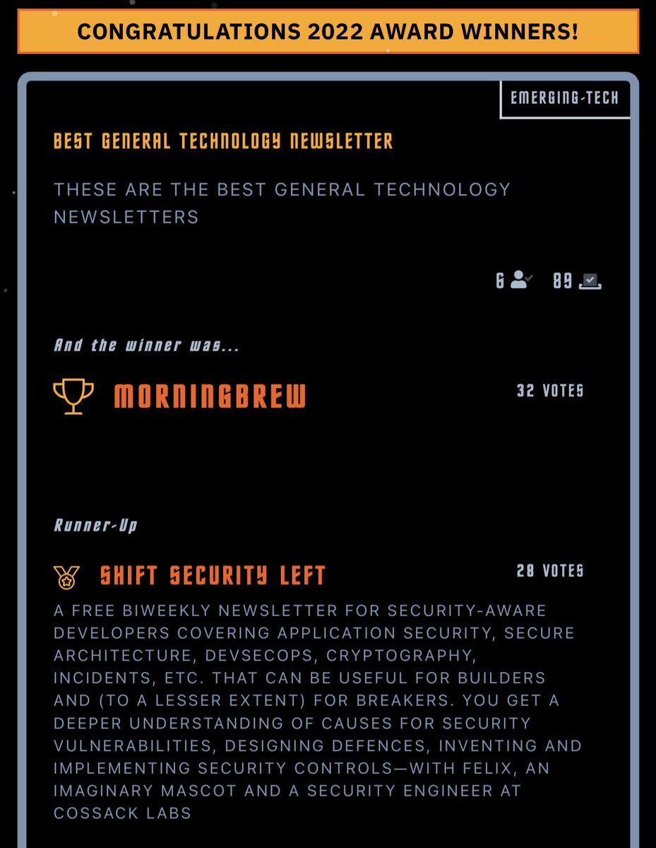 Meet the🌟!;) #ShiftSecurityLeft is a @Hackernoon #Noonies2022 Best General Technology Newsletter runner-up in emerging tech.

Thx for your votes, folks! And let's proceed with making this world more secure together!

Subscribe: shift-security-left.curated.co
Check your 📩 tomorrow.💛🔐