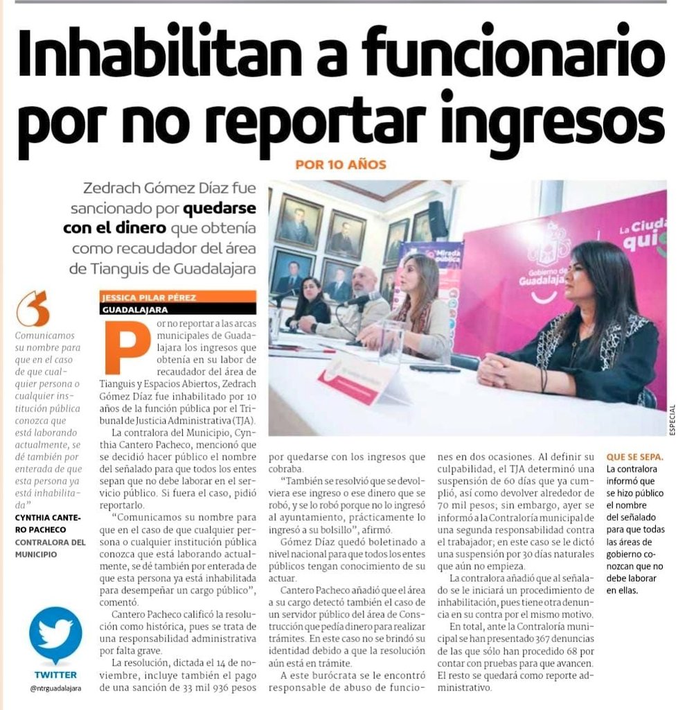 CynthiaCanteroP's tweet photo. Hoy en el #DíaInternacionalVsLaCorrupción, les compartimos las notas de los medios de comunicación, donde se detalla la primer sanción de inhabilitación por 10 años de un ex servidor público de @GuadalajaraGob. Desde la Contraloría Ciudadana avanzamos en la agenda anticorrupción. https://t.co/vUukh7nVh3