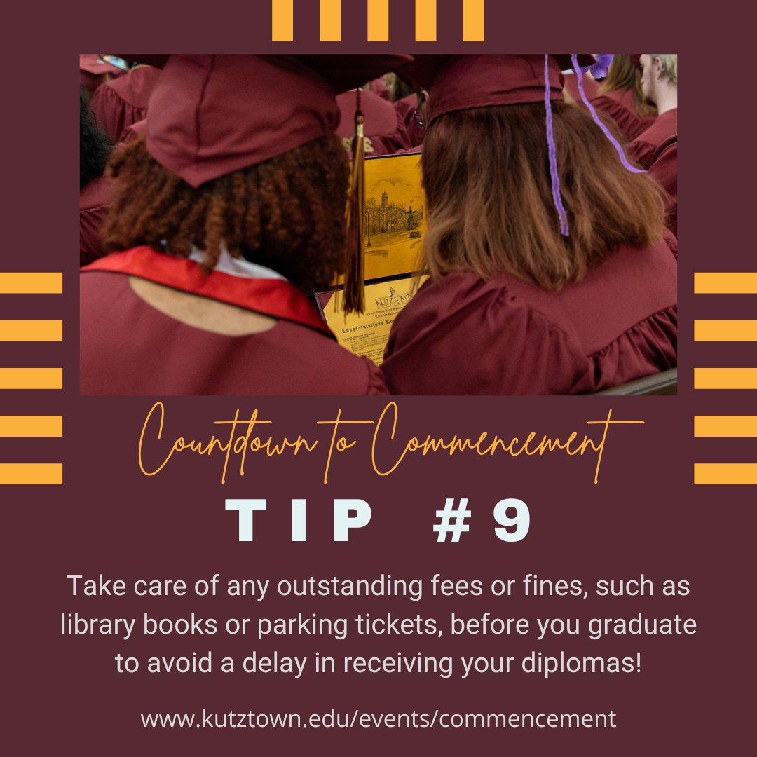 KUCommencement's tweet photo. Tip #9️⃣: Take care of any outstanding fees or fines, such as library books or parking tickets, before you graduate to avoid a delay in receiveing your diploma. 🐻💛🎓 #KU2022 https://t.co/CUGsLsascW