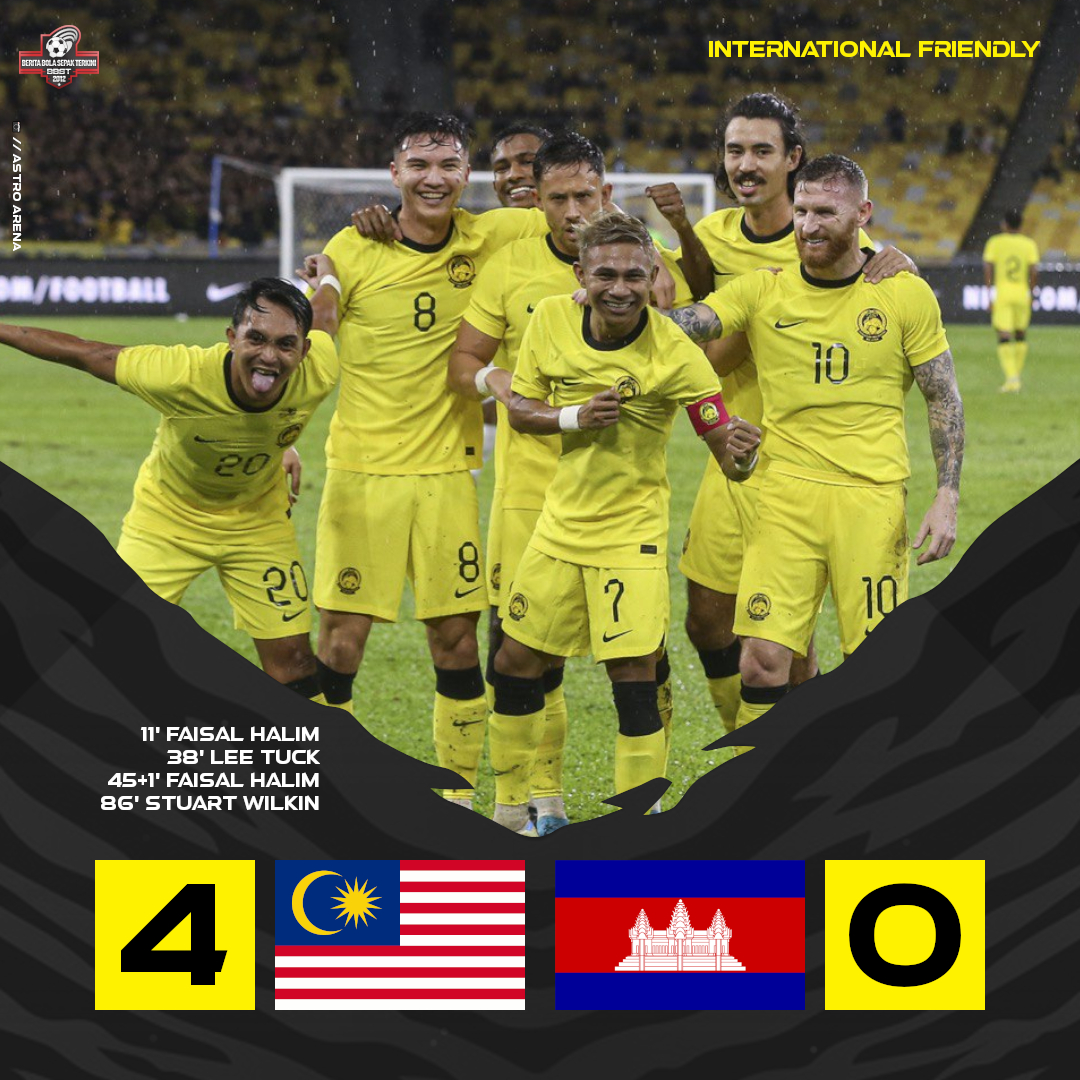 BBST15's tweet photo. FT: 🇲🇾 Malaysia 4-0 Kemboja 🇰🇭

Alhamdulillah... menang, clean sheet &amp; dapat +1.963 mata ⬆️
Next: 🆚 Maldives 🇲🇻 (14 Disember, Live TV9 &amp; astro arena)

#Friendly | #MASvCAM https://t.co/GCl5FZTYRe