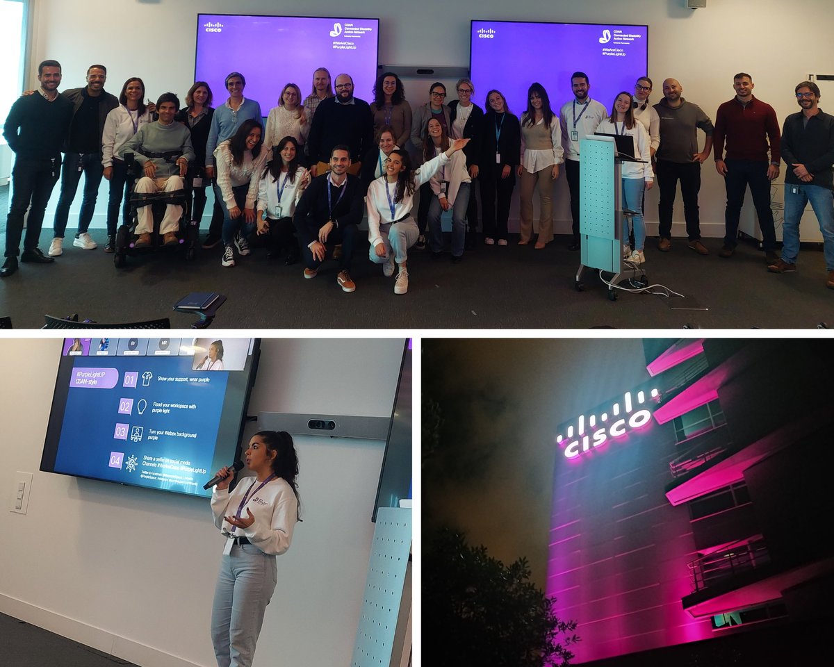 AnnaB_Cisco's tweet photo. Our Lisbon office joined the #PurpleLightUp movement in support of people with disabilities. We also launched #CDANPortugal. I want to congratulate the #CDAN team and thank the inspirational speakers for sharing their stories.
#InclusiveFutureForAll #WeAreCisco #LoveWhereYouWork https://t.co/G21ygRgUCF