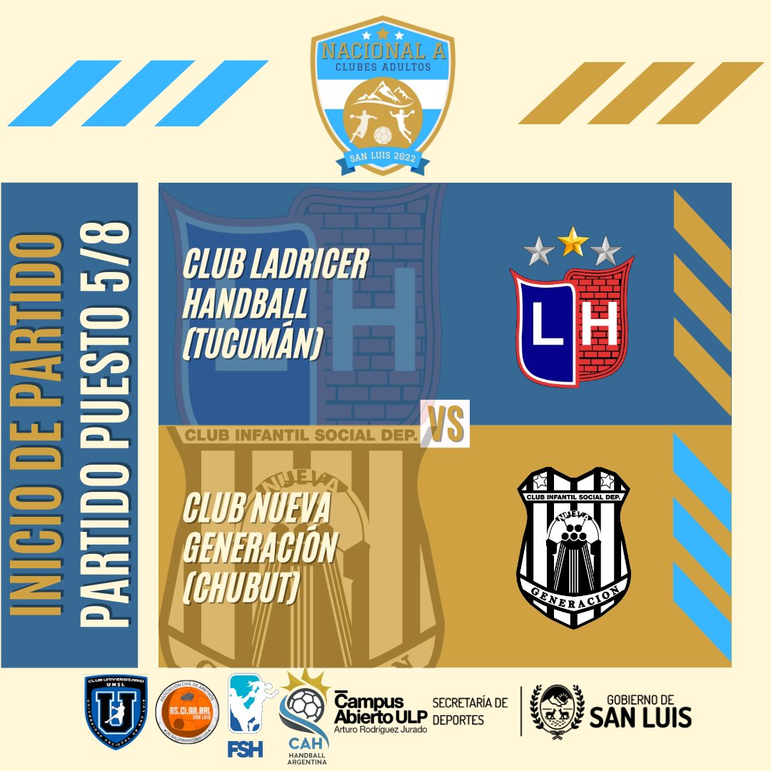 FEDERACION SANLUISEÑA DE HANDBALL (@fedsanluishand) on Twitter photo “Nacional A” Clubes Adultos:
Puesto 5/8 Masculino
Club Ladricer Handball vs Club Nueva Generación (Chubut)
INICIO DE PARTIDO
Transmisión en vivo en youtube.com/@handball.arge…
<a href="/LadricerHand/">Ladricer Handball Club</a>
@LadricerHandballTuc
@ladricerhandball
@Lanuevahandball
<a href="/lanuevacr/">Nueva Generacion CR</a> “Nacional A” Clubes Adultos:
Puesto 5/8 Masculino
Club Ladricer Handball vs Club Nueva Generación (Chubut)
INICIO DE PARTIDO
Transmisión en vivo en youtube.com/@handball.arge…
<a href="/LadricerHand/">Ladricer Handball Club</a>
@LadricerHandballTuc
@ladricerhandball
@Lanuevahandball
<a href="/lanuevacr/">Nueva Generacion CR</a>