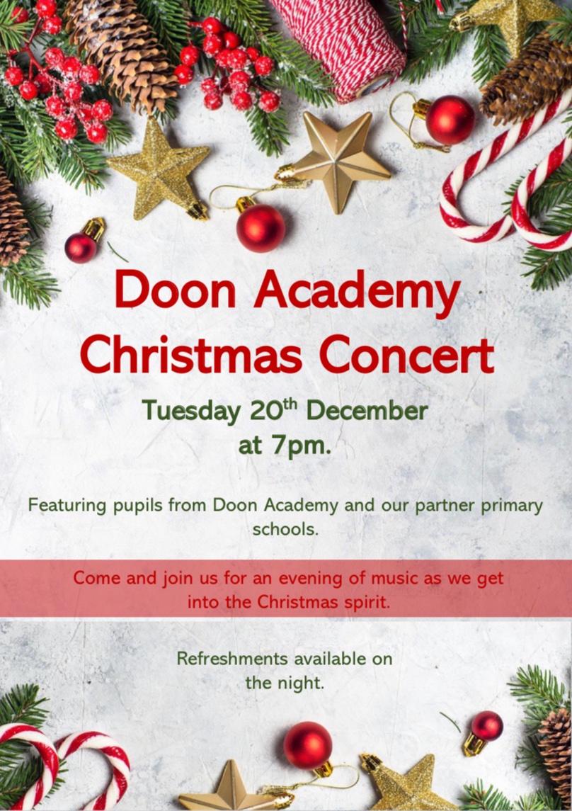 DoonAcad's tweet photo. Come along and join us at the school on Tuesday the 20th of December at 7pm for a night of festive fun #teamdoon #expressivearts https://t.co/u74mScVOLa