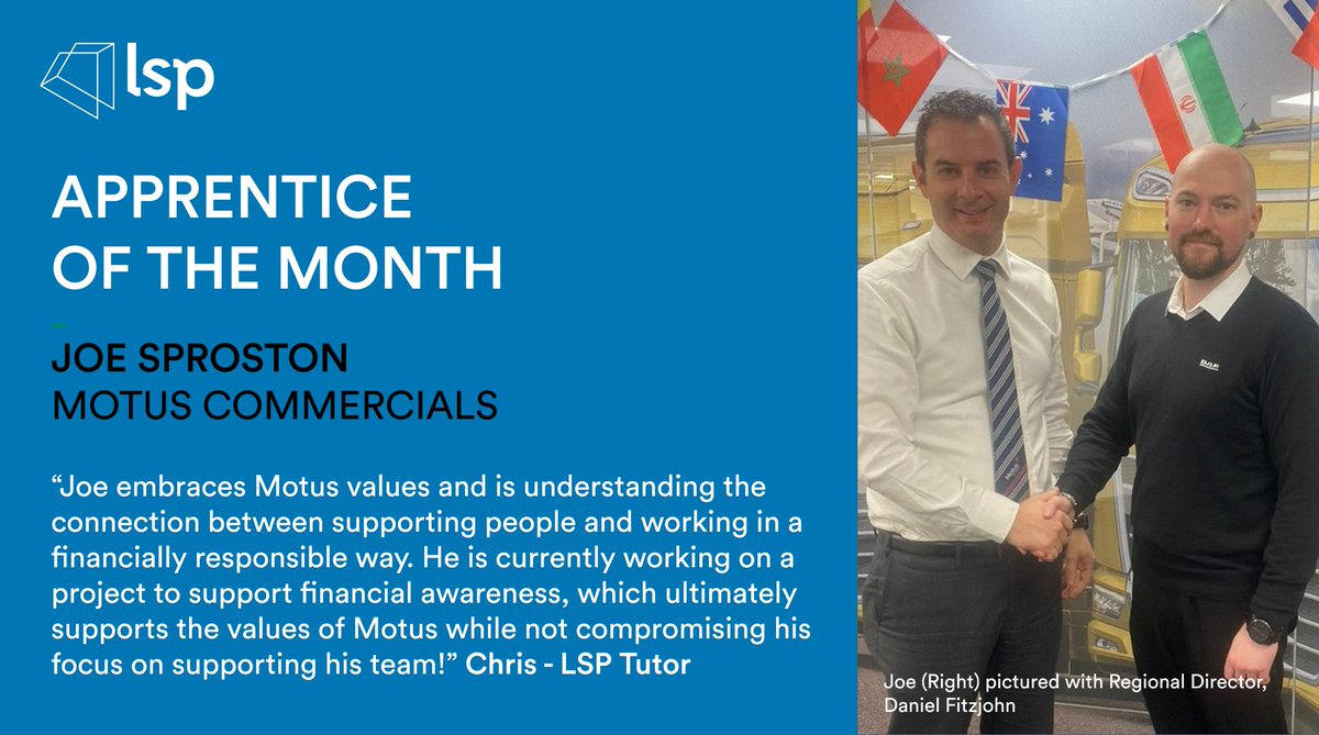 A big well done to Joe, who was awarded as our October Apprentice of the Month! Joe is currently completing his Level 3 Team Leader/ Supervisor programme with Motus Commercials and was nominated by his Tutor, Chris. 👏

Read the full nomination here: ow.ly/mjHK50LZr0B