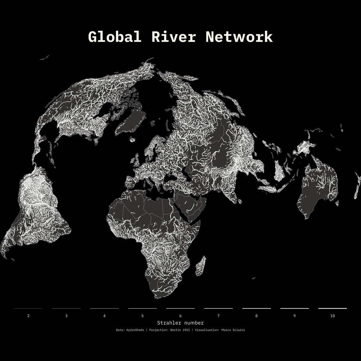 🫧 Mesmerising pattern that the global river network builds.

#Rstats #dataviz #rspatial #gischat