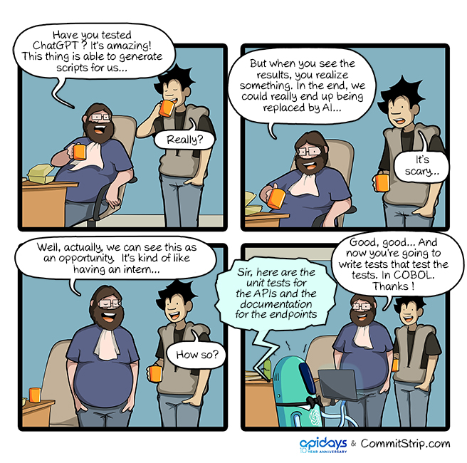 Next week, join us at APIDays in Paris! Get your free ticket with CommitStrip! => The first 25 to register with the code COMMITSTRIP25 will get their tickets for free !
On the way to APIDays Paris!
apidays.global/paris/
---
A whole new world
commitstrip.com/2022/12/09/a-w…