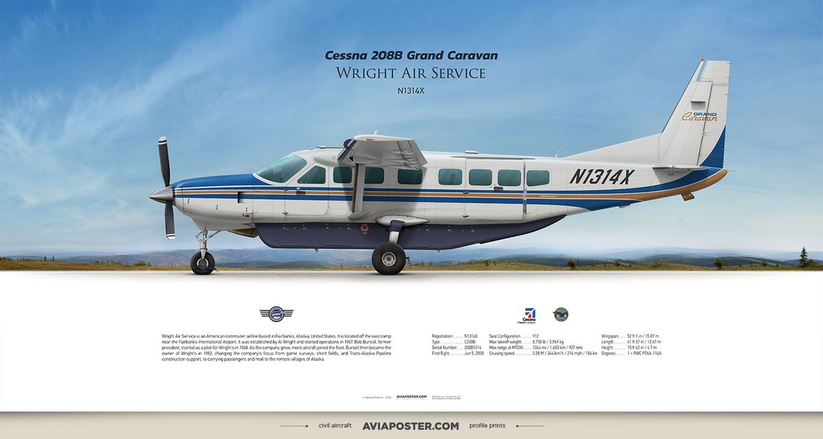 Rulexy2's tweet photo. Cessna 208B Grand Caravan Wright Air Service
Registration: N1314X
Type: C208B
Engines: 1 × PWC PT6A-114A
Serial Number: 208B1314
First flight: Jun 5, 2008
Poster for Aviators.
https://t.co/pnIiTmGhms
#aviation #aviationfans #GrandCaravan #c208b #proaviation #alaskaaviation https://t.co/v7leHJUQ7t