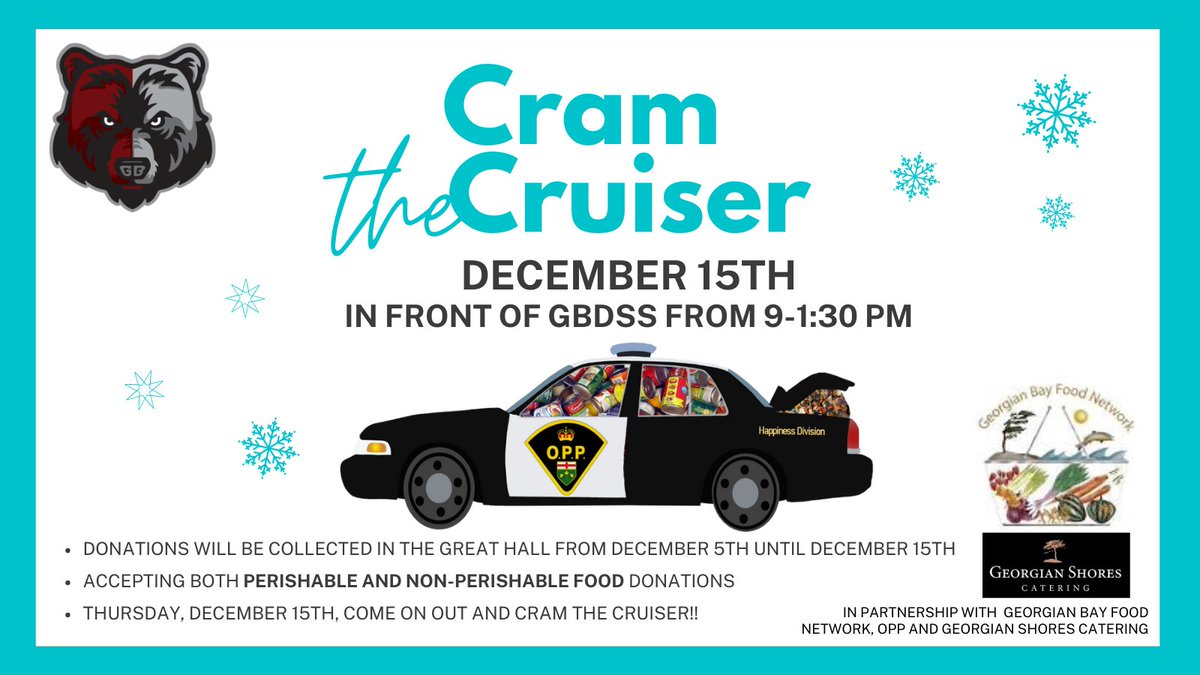 Everyone can join in with our food drive!

We are collecting donations from staff and students in the Great Hall... And all community members can drop by on December 15th to help us Cram a Cruiser! 

All donations will support the Georgian Bay Food Network.

<a href="/OPP_COMM_CR/">OPPCommunicationsCR</a>